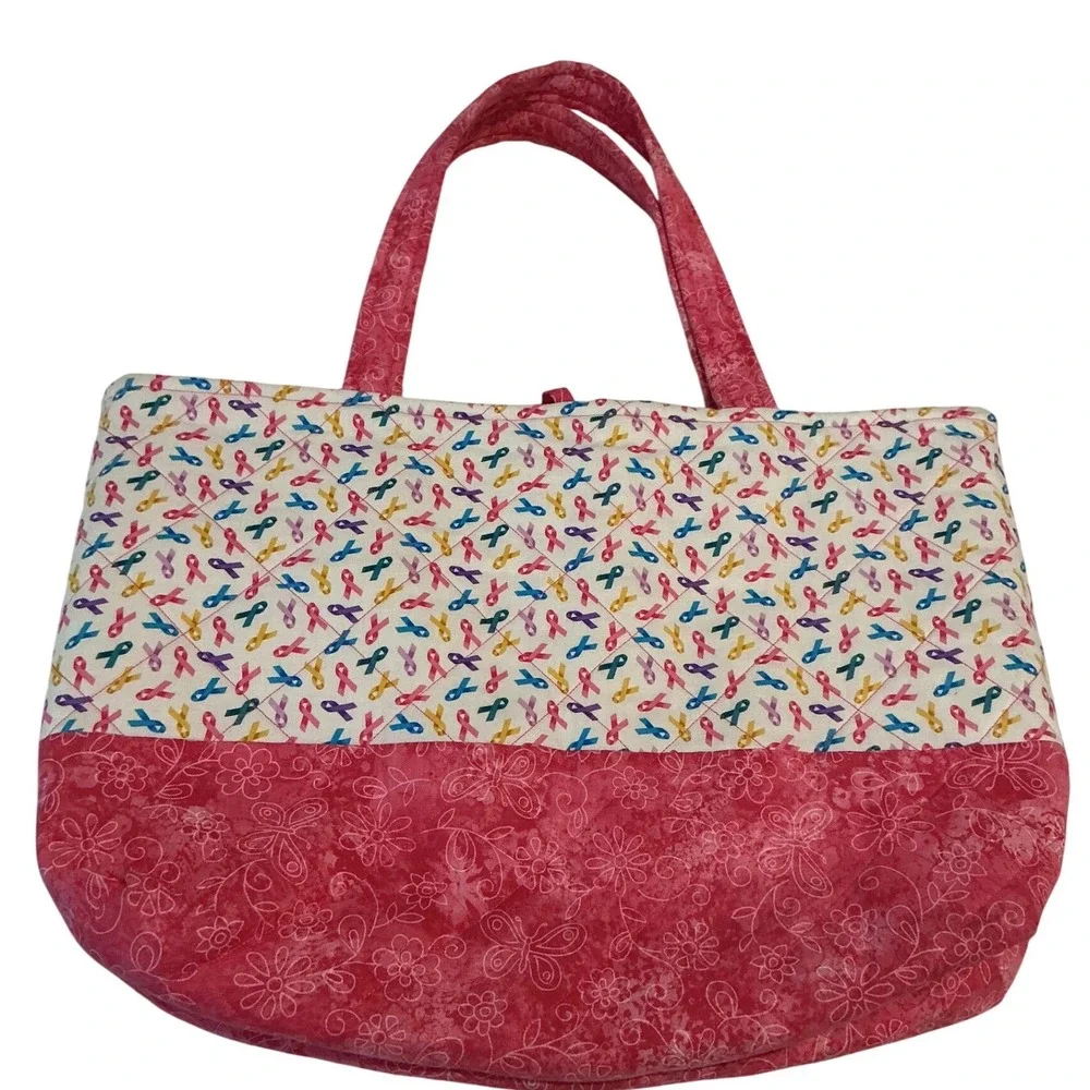 Quilted Tote Bag Womens Large Pink Awareness Ribbon‎ Floral Excellent